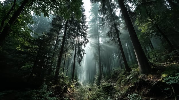 A forest with trees and sunbeams photo