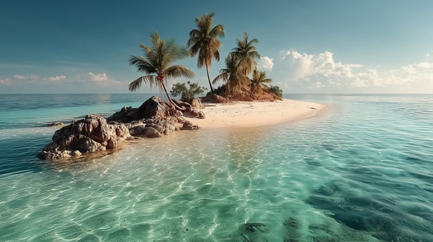 Tropical island with palm trees and rocks in the ocean photo
