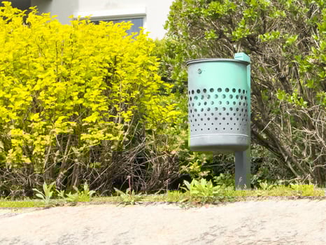 Outdoor metal trash bin in green park with bushes and yellow foliage photo