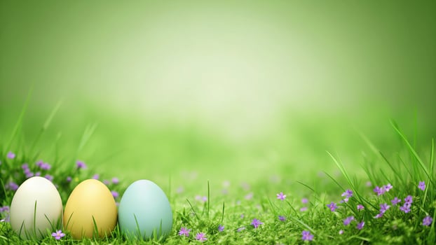 Pastel Easter Eggs in Green Grass with Purple Flowers photo