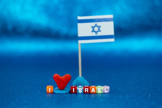 Heart shape and small flag represent love for Israel with colorful letters on a blue background photo