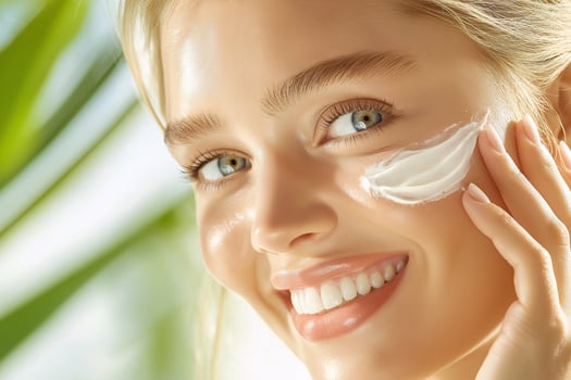 Blonde Caucasian woman applying moisturizing cream with visible dab on cheek. Skincare routine hydration skin care photo