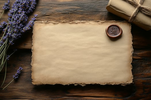 Lavender and herbs arranged on rustic parchment with wax seal on weathered wooden table photo