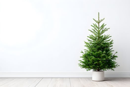 Empty wall blank copy space featuring a potted tree in a minimalist room with wooden flooring and a bright atmosphere photo