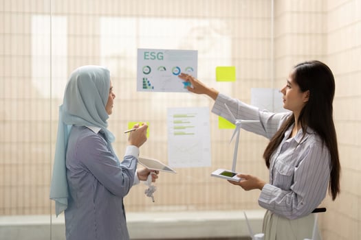 Collaboration and ESG Presentation. Two professionals discussing Environmental, Social, and Governance ESG strategies in a modern workspace. photo