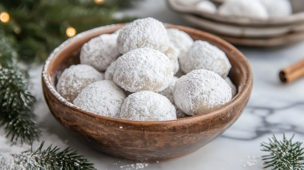 A bowl filled with powdered sugar balls photo