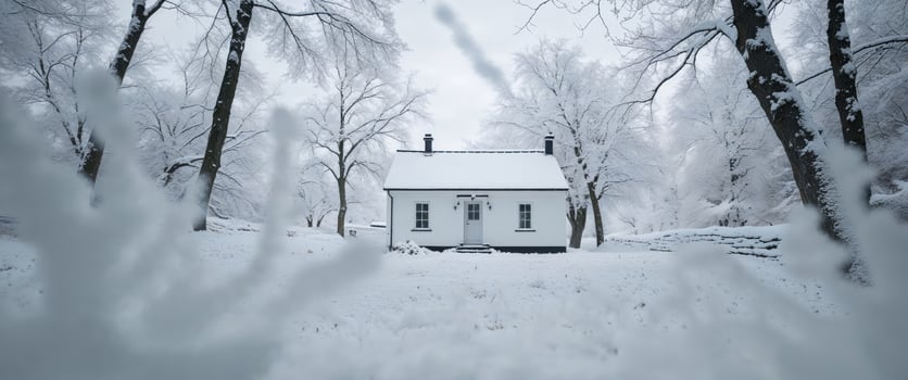 Snowy Landscape with Small White House and Snow Covered Trees photo