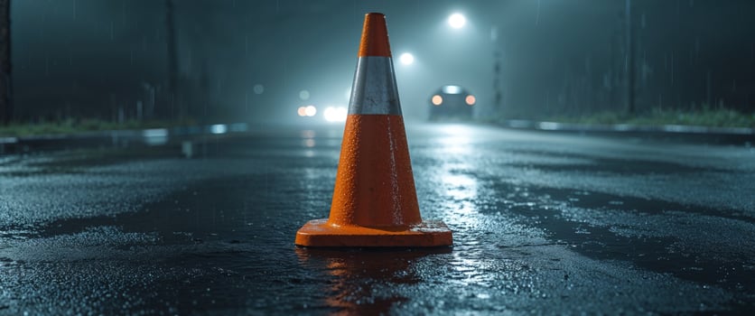 An orange traffic cone on a wet street at night. photo