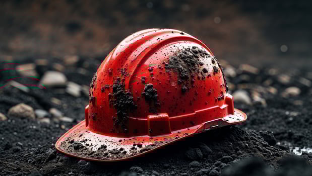 Mud splattered red hard hat rests on dark soil ground symbol of labor construction industry photo