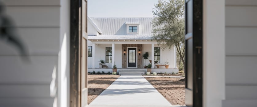 A white farmhouse with a front door and a white door photo