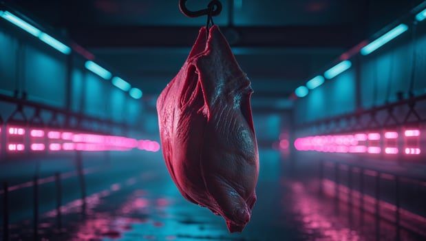 A meat hanging in a dark room with pink lights photo