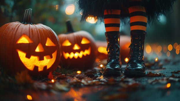 Enchanting Halloween Scene Child s Boots near Glowing Jack o lanterns photo