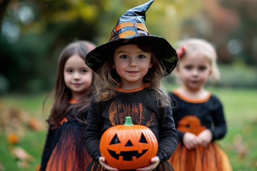Adorable Girl in Witch Costume Holding Pumpkin with Friends Halloween Park photo