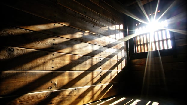 Sunlight streaming through wooden slats in a dark room. photo