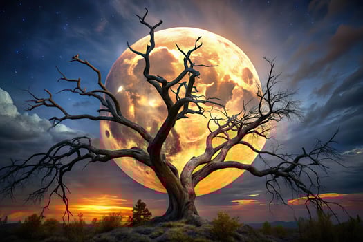 Silhouetted tree against a glowing full moon. photo