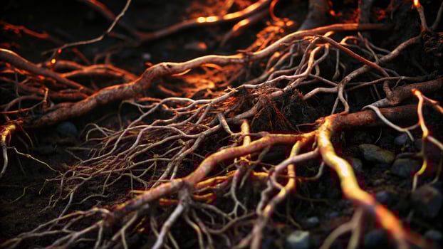 Entangled roots spread across the forest floor. photo