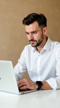 Professional man working on laptop in modern office setting, focused on task at hand, showcasing productivity and concentration, remote work concept photo