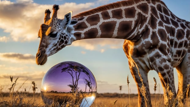 Giraffe Looking at Landscape Reflected in Sphere photo