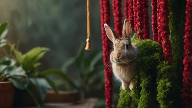 Rabbit Peeking From Mossy Greens with Red Flower Backdrop in Garden photo