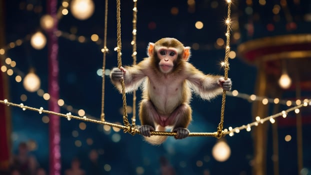 Monkey Balancing on Rope in Illuminated Setting photo