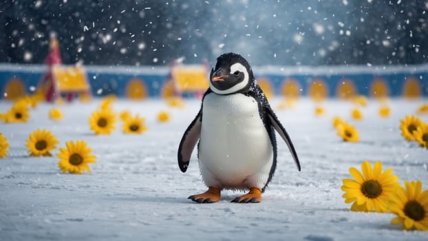 Penguin Standing on Snow with Yellow Flowers During a Snowfall photo