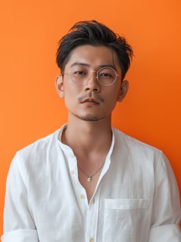 Asian man wearing glasses and shirt against orange background photo