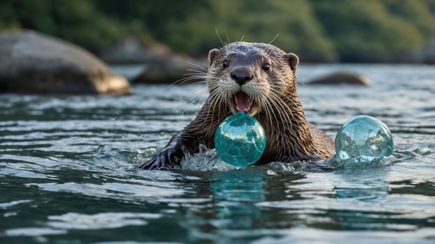 Otter Playing with Glass Balls in Water photo