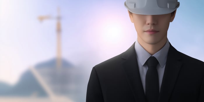 Professional man in suit wearing safety helmet stands confidently at construction site, showcasing leadership and innovation in building industry concept photo