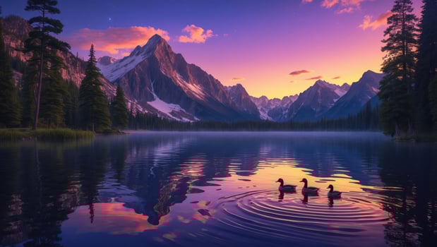 Ducks Swimming on Mountain Lake at Sunset Reflection photo