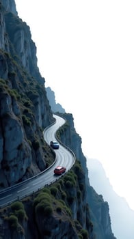 Scenic winding road along steep cliffs with cars driving, breathtaking views of mountains and sky, adventure travel concept photo