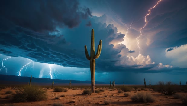 Cactus in Desert Under Dramatic Lightning Storm photo