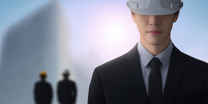 Construction manager overseeing project with hard hat and suit, focused on safety and teamwork in modern architecture, leadership and professionalism concept photo
