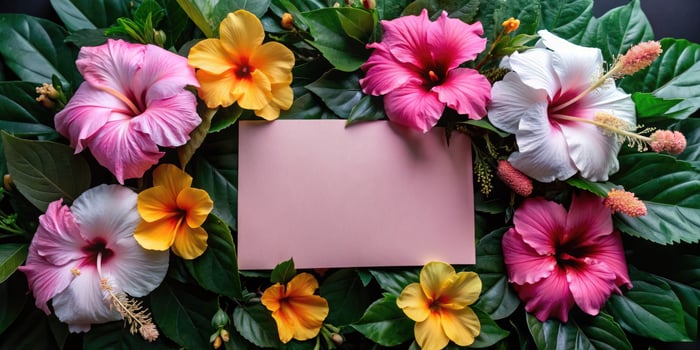 Bright hibiscus flowers frame a blank pink card. photo