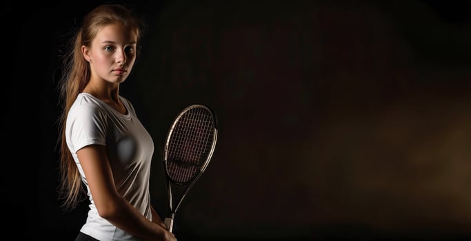 Confident young woman holding a tennis racket in a dramatic pose showcasing her athleticism and determination in a dark background sports setting healthy lifestyle concept photo