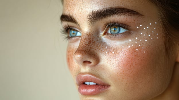 Portrait of a young woman with stunning blue eyes, freckles, and artistic facial decoration captured indoors during daylight photo