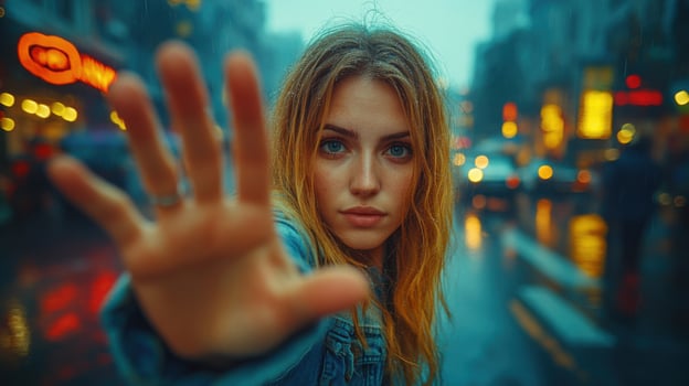 Young woman with blue eyes gestures towards the camera on a rainy urban street in the evening light photo