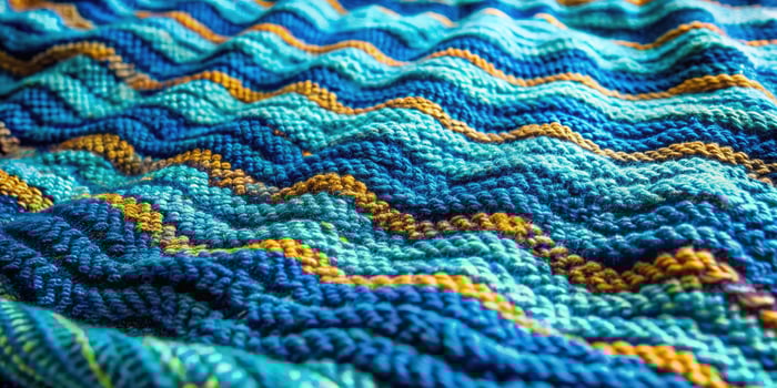 Close-up of a knitted fabric with blue and yellow stripes. photo