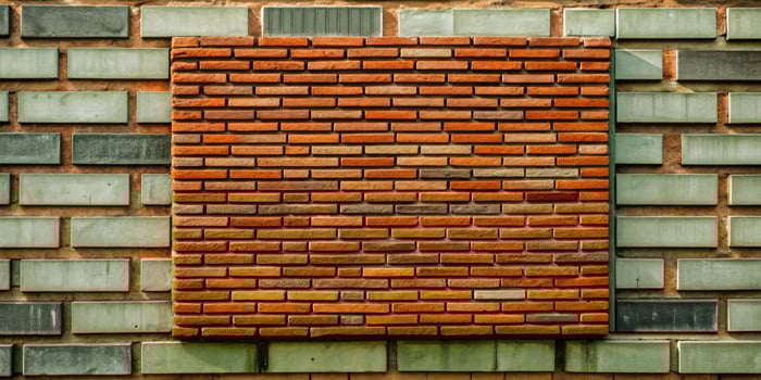 Neatly stacked red bricks forming a geometric wall pattern. photo