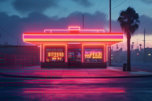Neon diner shining brightly at dusk in california suburb photo