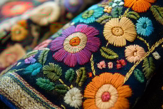 Colorful floral embroidery adorning dark fabric, celebrating traditional craftsmanship photo