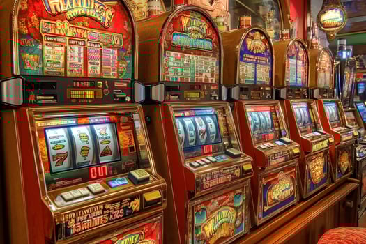 Slot machines displaying colorful reels and symbols in casino photo