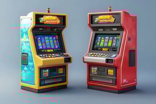 Two slot machines showing colorful game interface on display photo