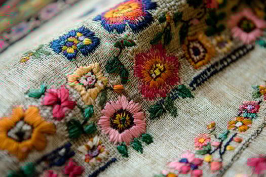 Embroidered flowers decorating natural linen fabric, vibrant handmade design photo