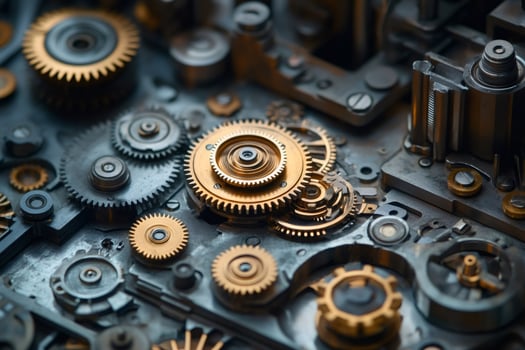 Close up view of intricate clockwork mechanism with gears rotating smoothly photo