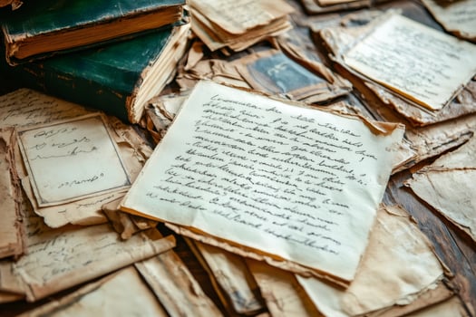 Exploring vintage handwritten letters and aged books photo