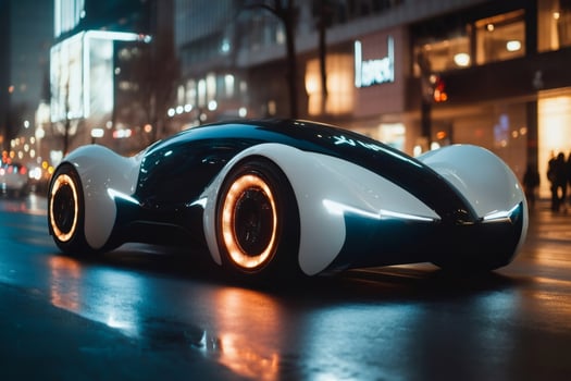 Futuristic autonomous electric car driving on city street at night... photo
