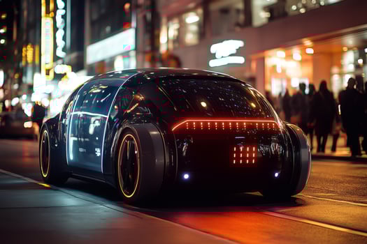 Futuristic autonomous electric car driving on city street at night.. photo