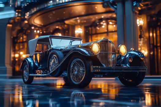 Luxurious vintage car parked in front of elegant hotel at night photo