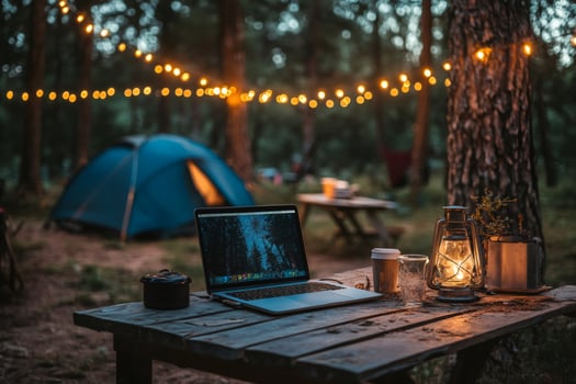 Freelancer working remotely from campground with laptop at night photo