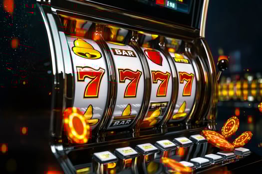 Slot machine showing triple seven jackpot, coins falling down celebrating the win photo